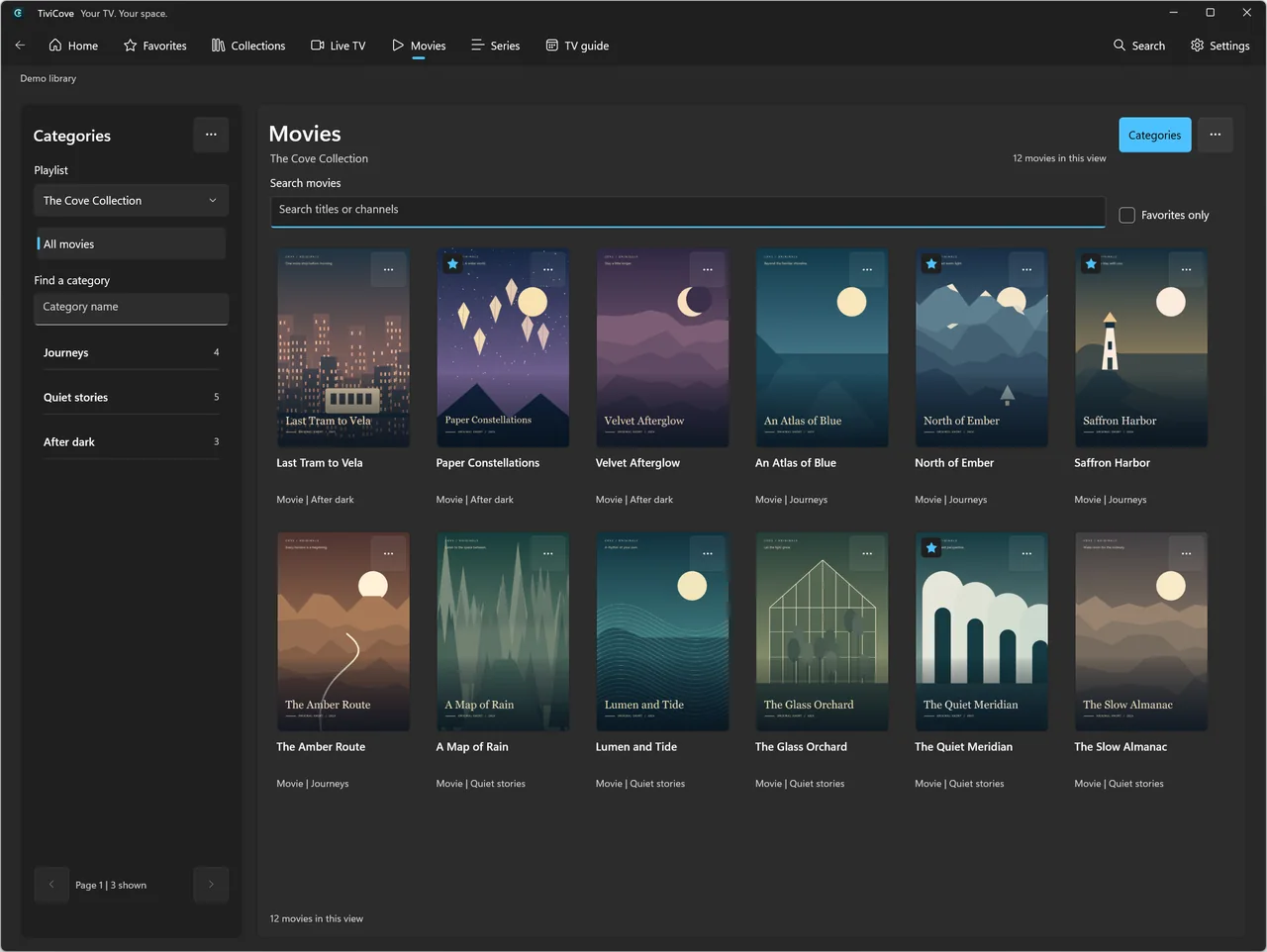 TiviCove movie library with searchable categories and original demonstration posters